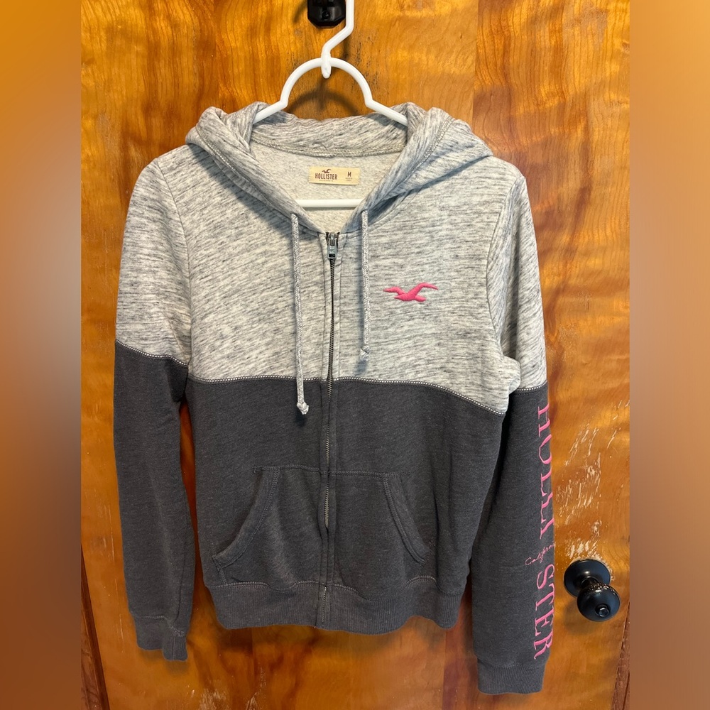 Women’s Hollister Heather Gray Full-Zip Hoodie with Pink Logo